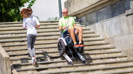 The Scewo wheelchair has rubber tracks that can climb stairs