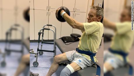 Kaser undergoes physical thearpy to get stronger after losing his leg.