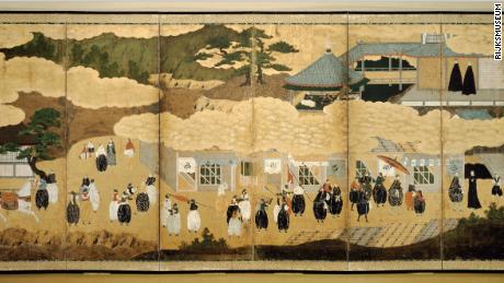 Full Japanese folding screen showing the arrival of Portuguese to Nagasaki. 
