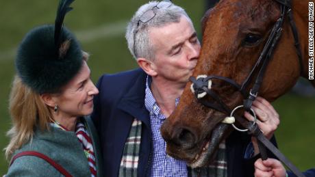 Michael O&#39;Leary and wife Anita after Balko Des Flos wins Ryanair Chase at Cheltenham in 2018.