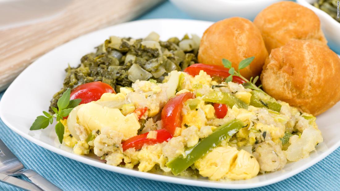 &lt;strong&gt;Jamaica: &lt;/strong&gt;Ackee, a delicately sweet pear-shaped fruit, is sautéed with salt cod, tomatoes, garlic, chilies and onion in a breakfast scramble that brings together sweet, salty, and spicy for a one-of-a-kind island taste. 