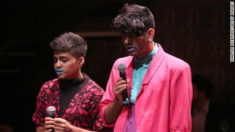 Janani Blasubramanian and Alok Vaid-Menon on stage at La Mama Theatre on November 2, 2015 in New York City. 