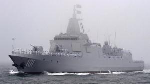 The Chinese navy unveils the upgraded version of the Type 055 destroyer off Qingdao, eastern China, on April 23, 2019, during a fleet review marking the 70th anniversary of the navy&#39;s foundation. (Kyodo)
==Kyodo
(Photo by Kyodo News via Getty Images)