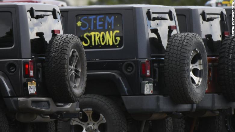 "STEM strong" is painted on a jeep outside the celebration of life ceremony for Kendrick Castillo at Cherry Hills Community Church on May 15 in Highlands Ranch, Colorado.