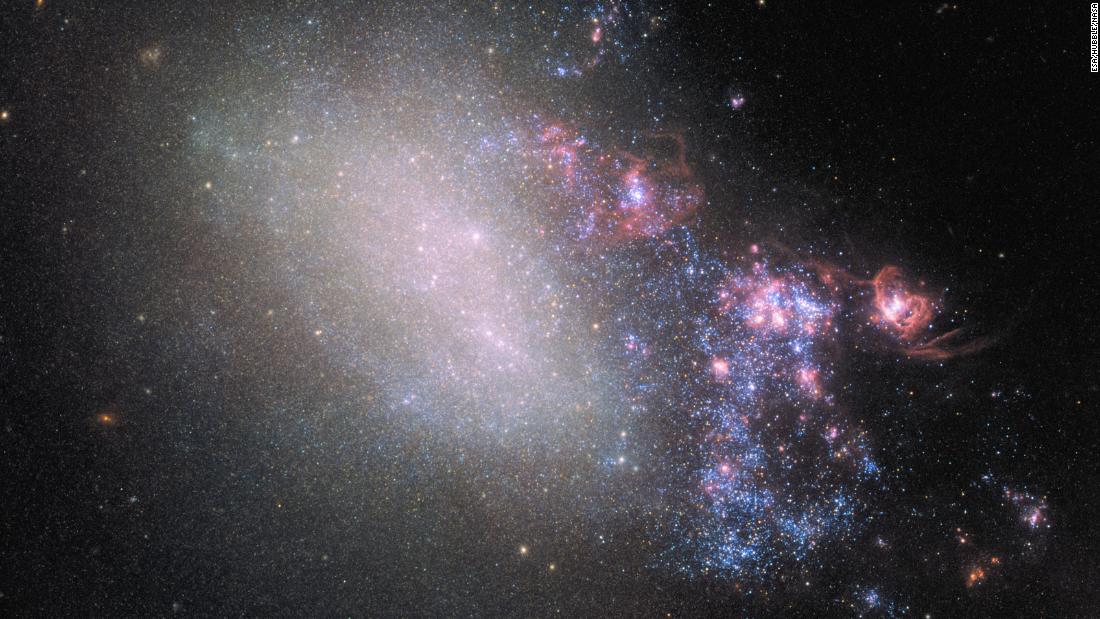 Galaxy NGC 4485 collided with its larger galactic neighbor NGC 4490 millions of years ago, leading to the creation of new stars seen in the right side of the image.