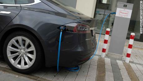 A Tesla Model S electric car charging in Berlin, Germany.