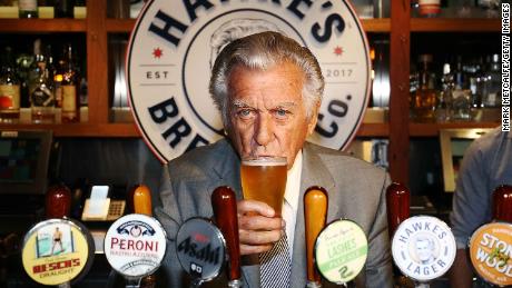 Bob Hawke takes a drink at the launch of Hawke&#39;s Lager at Sydney&#39;s Clock Hotel in April 2017.