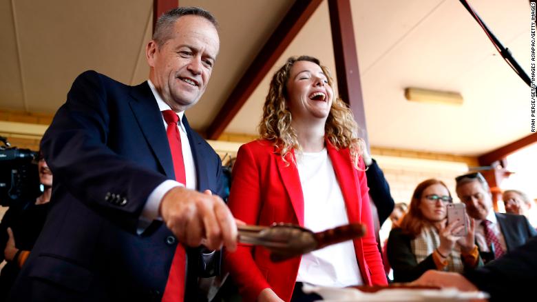 Labor Leader Bill Shorten and Labor Candidate for Boothby Nadia Clancy hand out sausages in Adelaide on May 14.