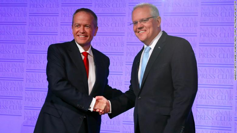 Prime Minister Scott Morrison and Labor leader Bill Shorten shake hands at the start of &quot;The Leaders&#39; Debate&#39;&#39; on May 8 in Canberra.