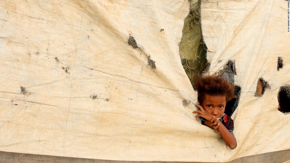 A Yemeni child who fled fighting is pictured at a makeshift camp in Abs this month.