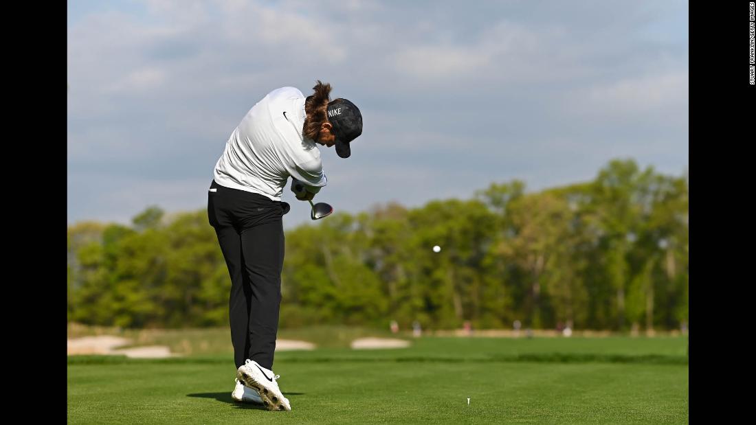 Flowing locks blowing in the wind, Tommy Fleetwood in action en route to a very respectable first-round effort of 3 under par.