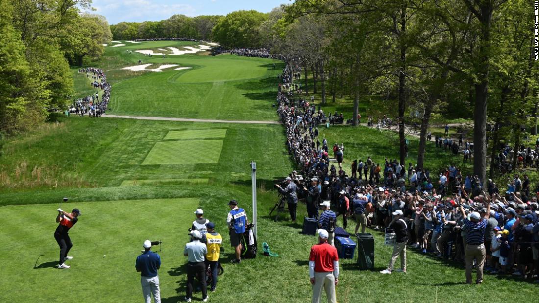 An image to highlight the extent of this monster golf course. Narrow fairways, damp, long roughs, gaping bunkers, overhanging trees. But then, Brooks Koepka on the tee, helping himself to the most supreme first round of major golf imaginable.