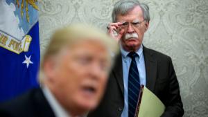 WASHINGTON, DC - SEPTEMBER 28: National security advisor, John Bolton, right, attends a meeting with President Donald Trump and President of Chile, Sebastian Piñera in the Oval Office of the White House on September 28, 2018 in Washington, DC.
(Photo by Oliver Contreras/The Washington Post via Getty Images)