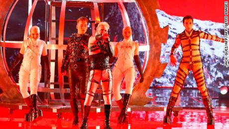 Iceland&#39;s Hatari performs the song &quot;Hatrið mun sigra&quot; during the first Eurovision semi-final at Expo Tel Aviv on May 14, 2019.