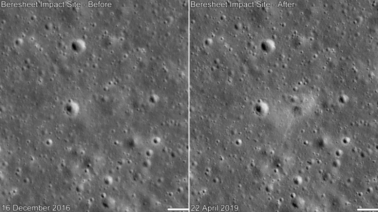 Before and after comparison of the landing site. Date in lower left indicates when the image was taken. It appears the spacecraft landed from the north on the rim of a small crater, about a few meters wide, leaving a dark &quot;smudge&quot; on Mare Serenitatis that&#39;s elongated towards the south.