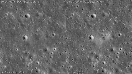 This is a before and after comparison of the landing site, with the right side showing the aftermath.