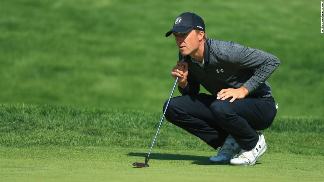 Jordan Spieth of the United States lines up a putt on the 16th green during the second round of the US PGA Championship. At the end of the round, Spieth was tied second with Australian Adam Scott. 