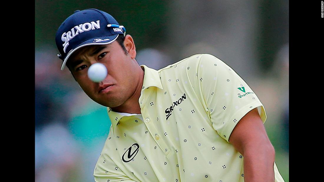 Japan&#39;s Hideki Matsuyama of Japan chips onto the 13th green during the final round of the PGA Championship.