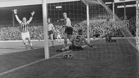 WBA&#39;s Jeff Astle of West scores against Wolves in October 1964.