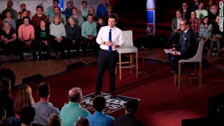 Democratic presidential candidate Pete Buttigieg, center, answers a question during a FOX News Channel town hall moderated by Chris Wallace.