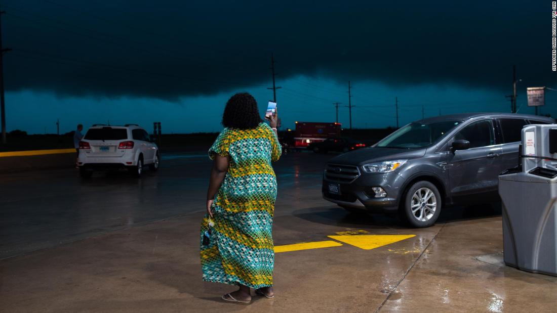 Tina Michael 30, films severe weather headed for Perry, Oklahoma from a gas station off of I-35 on Monday, May 20.