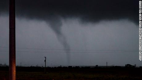 A tornado passes just south of Perry, Oklahoma.