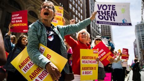 Women&#39;s rights advocates demonstrate against recent abortion bans, Tuesday, May 21, 2019, in Philadelphia. (AP Photo/Matt Rourke)