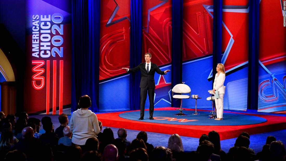 O&#39;Rourke speaks to people in Des Moines, Iowa, during his CNN town-hall event in May 2019.