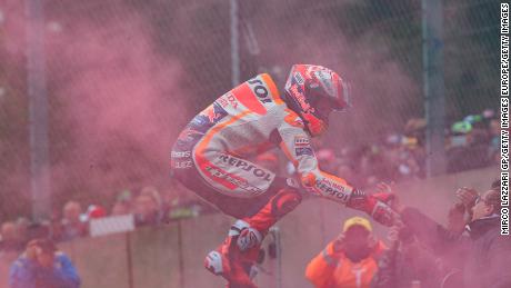 That winning feeling ... Marquez celebrates  victory at the MotoGp of France in May.