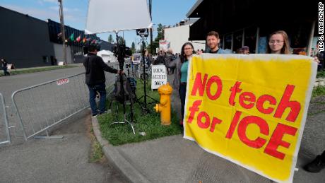 People protest Amazon&#39;s face-recognition technology outside the company&#39;s annual shareholders meeting.