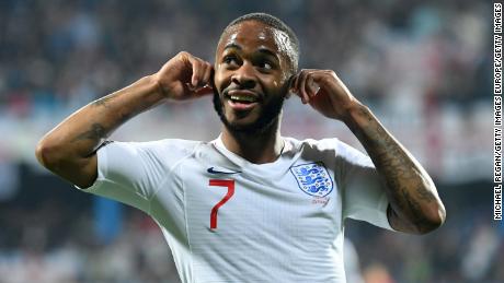 PODGORICA, MONTENEGRO - MARCH 25:  Raheem Sterling of England celebrates after scoring his team&#39;s fifth goal during the 2020 UEFA European Championships Group A qualifying match between Montenegro and England at Podgorica City Stadium on March 25, 2019 in Podgorica, Montenegro. (Photo by Michael Regan/Getty Images)