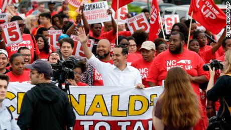 Presidential candidate Julian Castro rallies with McDonald&#39;s employees in Durham, North Carolina.