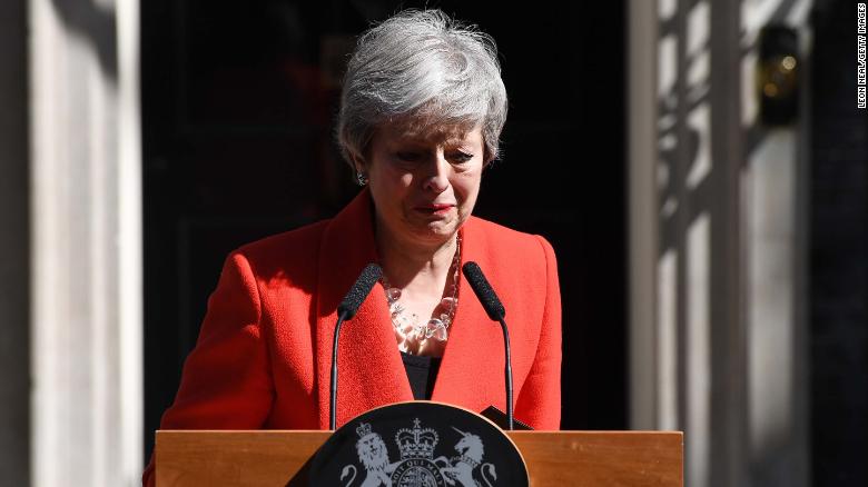 May breaks down during her statement outside 10 Downing Street on Friday. 