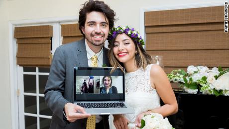 Shiva Farrokhi, founder of the in-it.com site, and her husband video chatted with friends and family abroad at their wedding in Los Angeles in 2016.