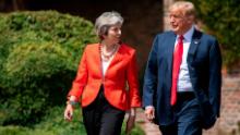 AYLESBURY, ENGLAND - JULY 13: Prime Minister Theresa May and U.S. President Donald Trump hold a joint press conference at Chequers on July 13, 2018 in Aylesbury, England. US President, Donald Trump, held bi-lateral talks with British Prime Minister, Theresa May at her grace-and-favour country residence, Chequers. Earlier British newspaper, The Sun, revealed criticisms of Theresa May and her Brexit policy made by President Trump in an exclusive interview. Later today The President and First Lady will join Her Majesty for tea at Windosr Castle. (Photo by Dan Kitwood/Getty Images)