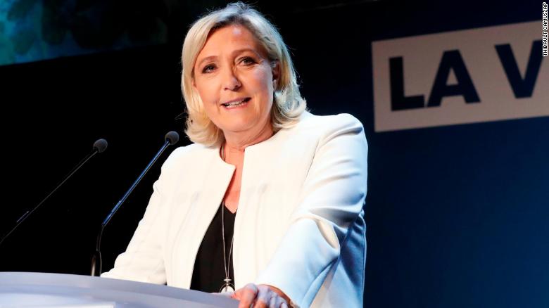 Far-right National Party leader Marine le Pen speaks to supporters at the party&#39;s campaign headquarters in Paris on Sunday, May 26.