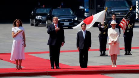 President Donald Trump and first lady Melania Trump participate in a welcome ceremony with Japanese Emperor Naruhito and  Empress Masako at the Imperial Palace in Tokyo on Monday.