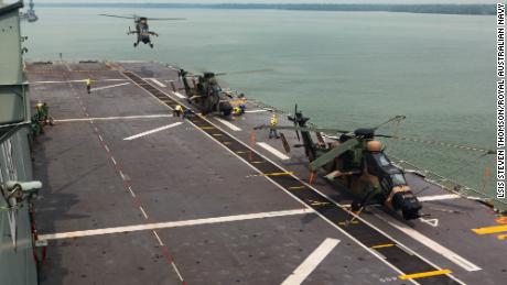 An Australian Army Armed Reconnaissance Helicopter lands on HMAS Canberra&#39;s flight deck during Indo-Pacific Endeavour 2019. *** Local Caption *** A Joint Task Force consisting of four ships, maritime patrol aircraft and more than 1,000 personnel from the Australian Defence Force are deployed on Indo-Pacific Endeavour 2019, a series of key engagement activities with Australias regional neighbours.