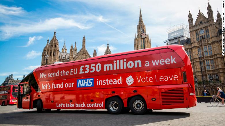 Brexit Bus with money slogan painted on the side