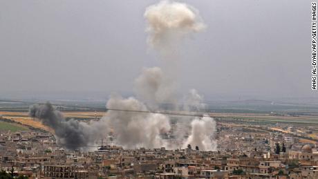 Plumes of smoke rising in the town of town of Khan Sheikhoun in Idlib following reported Syrian government bombardment on May 23.