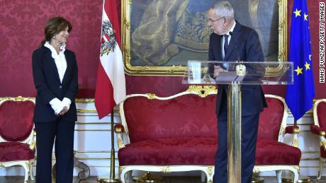 Austrian President Alexander Van der Bellen makes a statement alongside the country&#39;s new interim chancellor, Brigitte Bierlein, on Thursday.