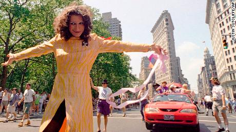 In this June 26, 1994, file photo, LGBT pioneer Sylvia Rivera leads an ACT-UP march past New York&#39;s Union Square Park. (AP Photo/Justin Sutcliffe, File)