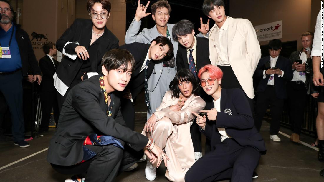 BTS with US-singer Halsey at the Billboard Music Awards in Las Vegas, where they became the first K-pop group to win Top Group/Duo on May 1, 2019. Halsey features on BTS&#39;s single &quot;Boy With Luv.&quot;
