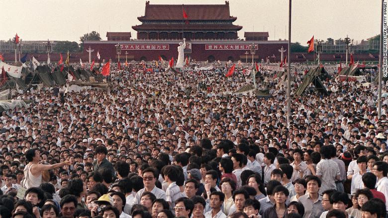 Hundreds of thousands of Chinese gather on June 2, 1989, in Tiananmen Square around a 10-metre statue of the Goddess of Democracy, demanding democracy despite martial law in Beijing.