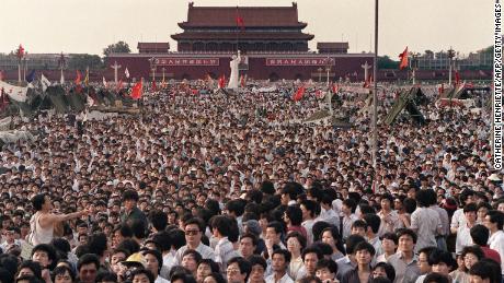 Hundreds of thousands of Chinese gather on June 2, 1989 in Tiananmen Square demanding democracy despite martial law in Beijing.
