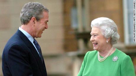 US President George W. Bush and the Queen at the end of a three-day state visit to the UK in 2003. 