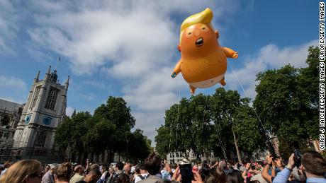 Demonstrators in London raised a six meter high balloon named the &#39;Trump Baby&#39; to protest the president&#39;s last visit to the United Kingdom. 