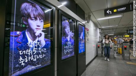 Photos of BTS member Kin Seok-jin, better known as Jin, are displayed at a subway station on June 2, 2018 in Seoul, South Korea. Fans often pay for ad space to celebrate the anniversary or birthday of their idol. In this case, they are celebrating Jin&#39;s 5th anniversary of his debut with BTS.