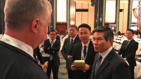 US Special Representative to North Korea Stephen Biegun (facing away from the camera) and the South Korean defense minister Kim Hyok Chol at the Shangri-La Dialogue security conference in Singapore.
