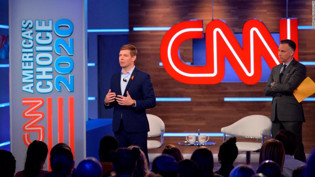 Swalwell takes part in a CNN town-hall event in June 2019. &quot;I&#39;m running for president to stop the shootings,&quot; he told the crowd. Swalwell discussed his frustration with lawmakers&#39; inaction. &quot;When I went to Congress, Sandy Hook happened. And there was nothing. Then Charleston: Nothing. San Bernardino: Nothing,&quot; he said, before ticking off one mass shooting after another.